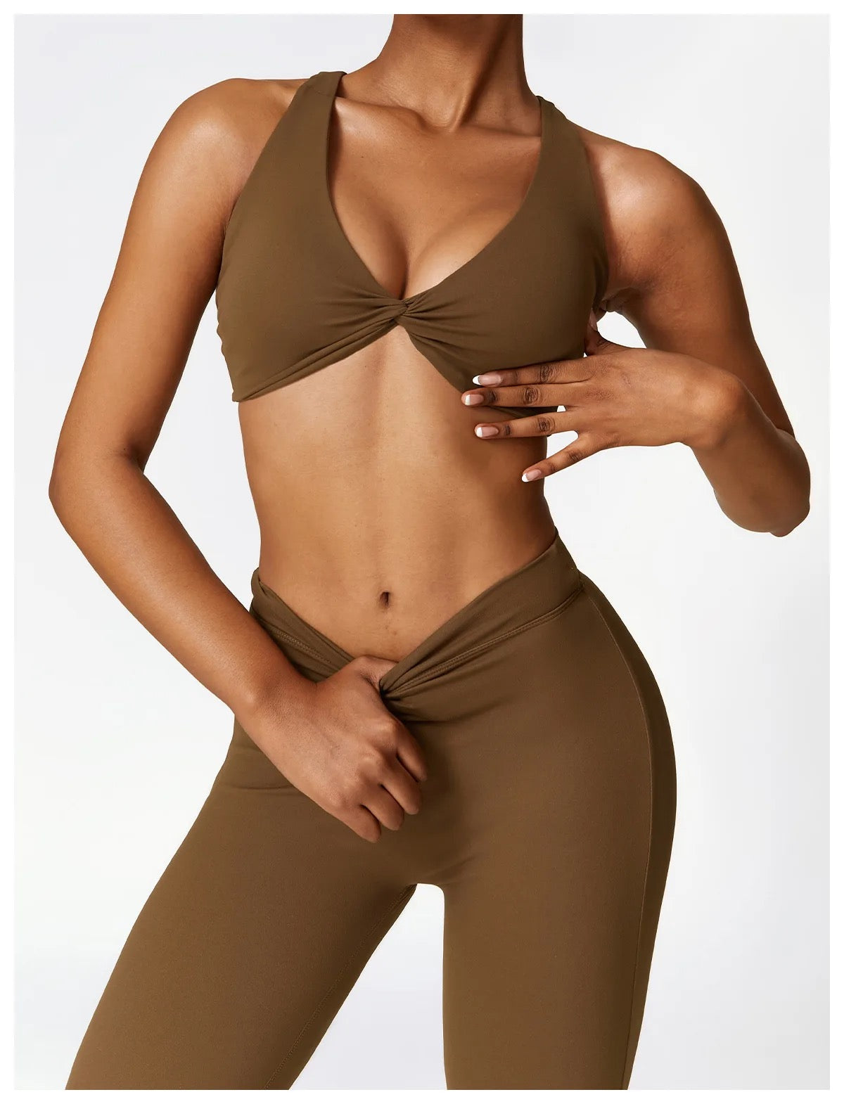 brown flare leggings outfit with brown bra